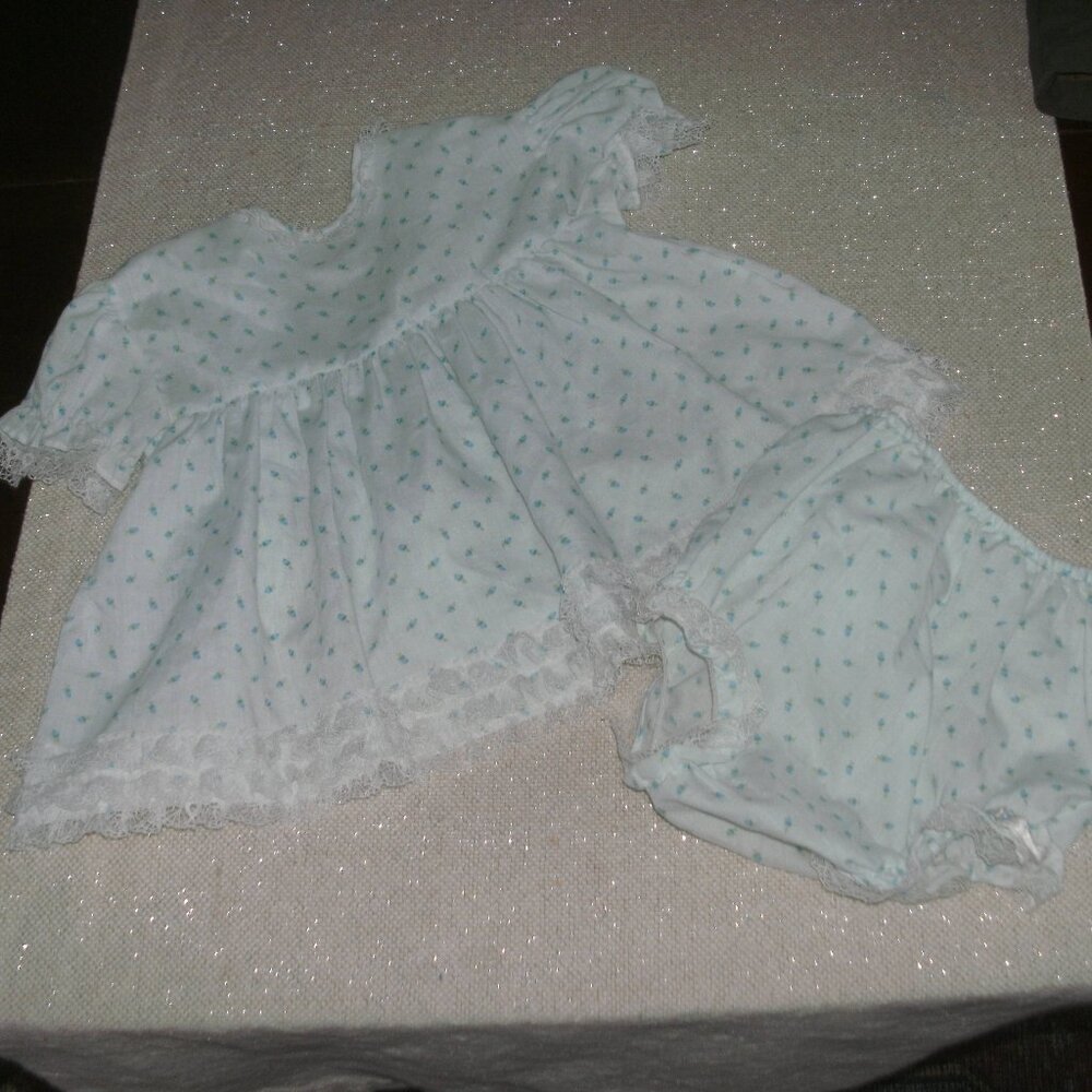 Sweet Vintage Blue Floral White Lace Trim Baby Doll Dress Matching Bloomers 12M